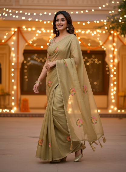 Jasmine | Organza Silk Embroidered Saree with Floral Motifs and Tassel Pallu