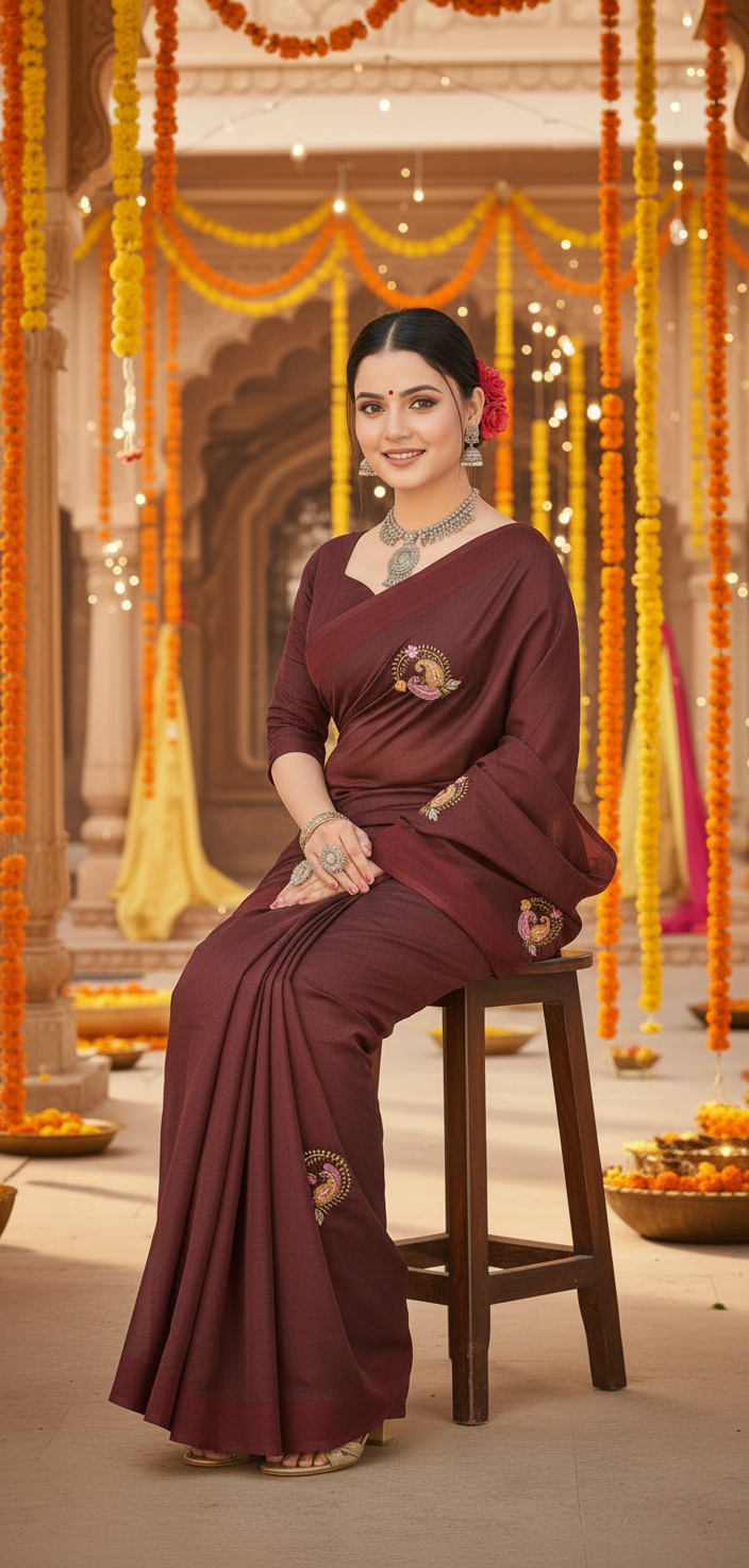 Jasmine Maroon Embroidered Saree for Women | Festive Ethnic Wear