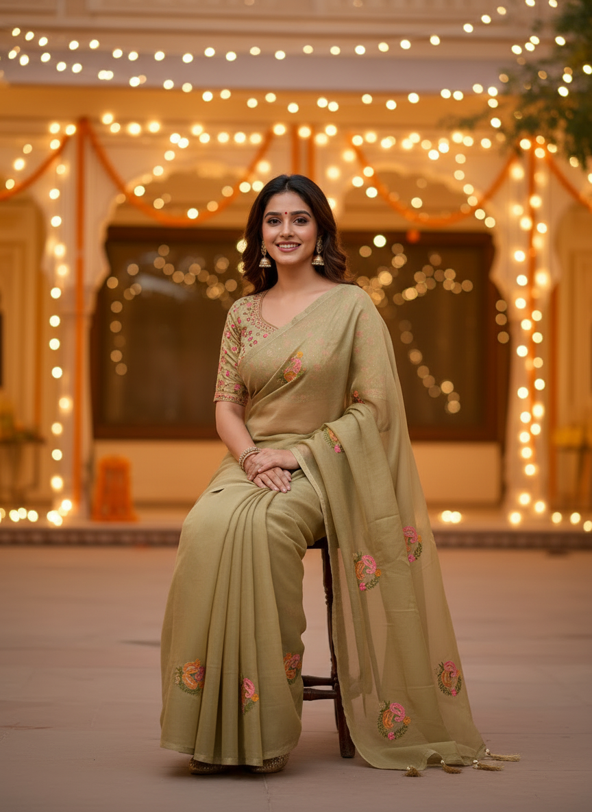 Jasmine | Organza Silk Embroidered Saree with Floral Motifs and Tassel Pallu