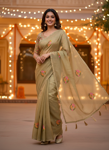 Jasmine | Organza Silk Embroidered Saree with Floral Motifs and Tassel Pallu