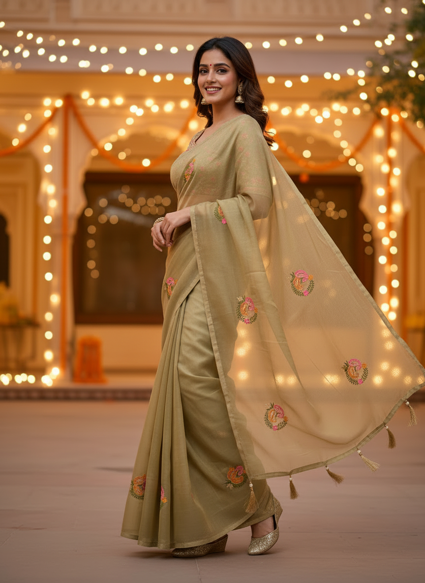 Jasmine | Organza Silk Embroidered Saree with Floral Motifs and Tassel Pallu