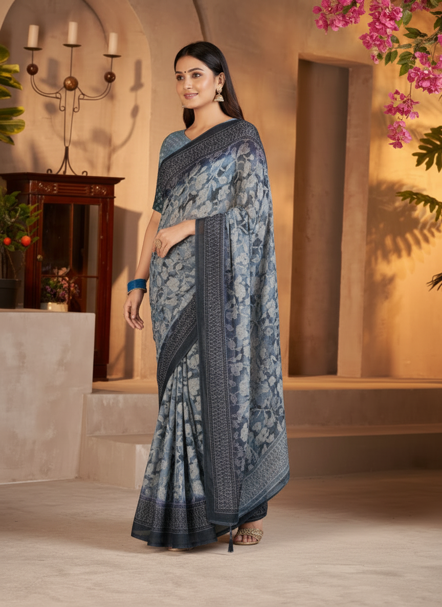 Kesariya Heritage Leaf Print Saree with Classic Border-Georgette