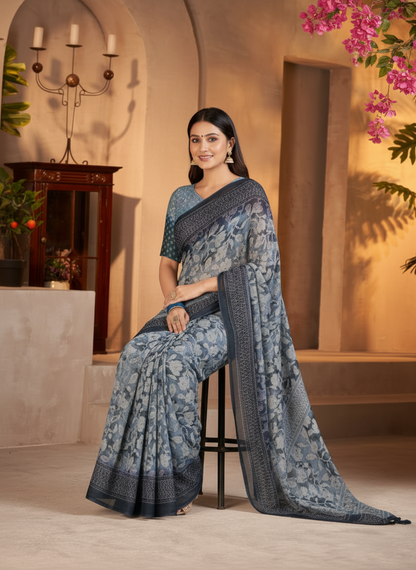 Kesariya Soft Georgette Heritage Leaf Print Saree with Classic Border