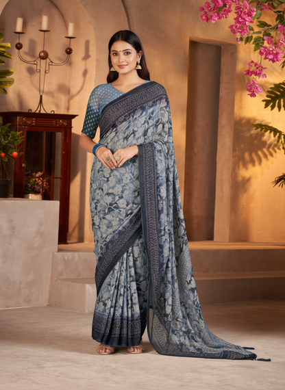 Kesariya Soft Georgette Heritage Leaf Print Saree with Classic Border