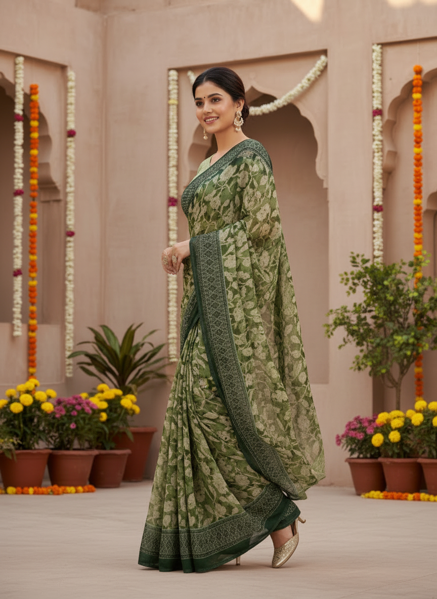 Kesariya Soft Georgette Heritage Leaf Print Saree with Classic Border