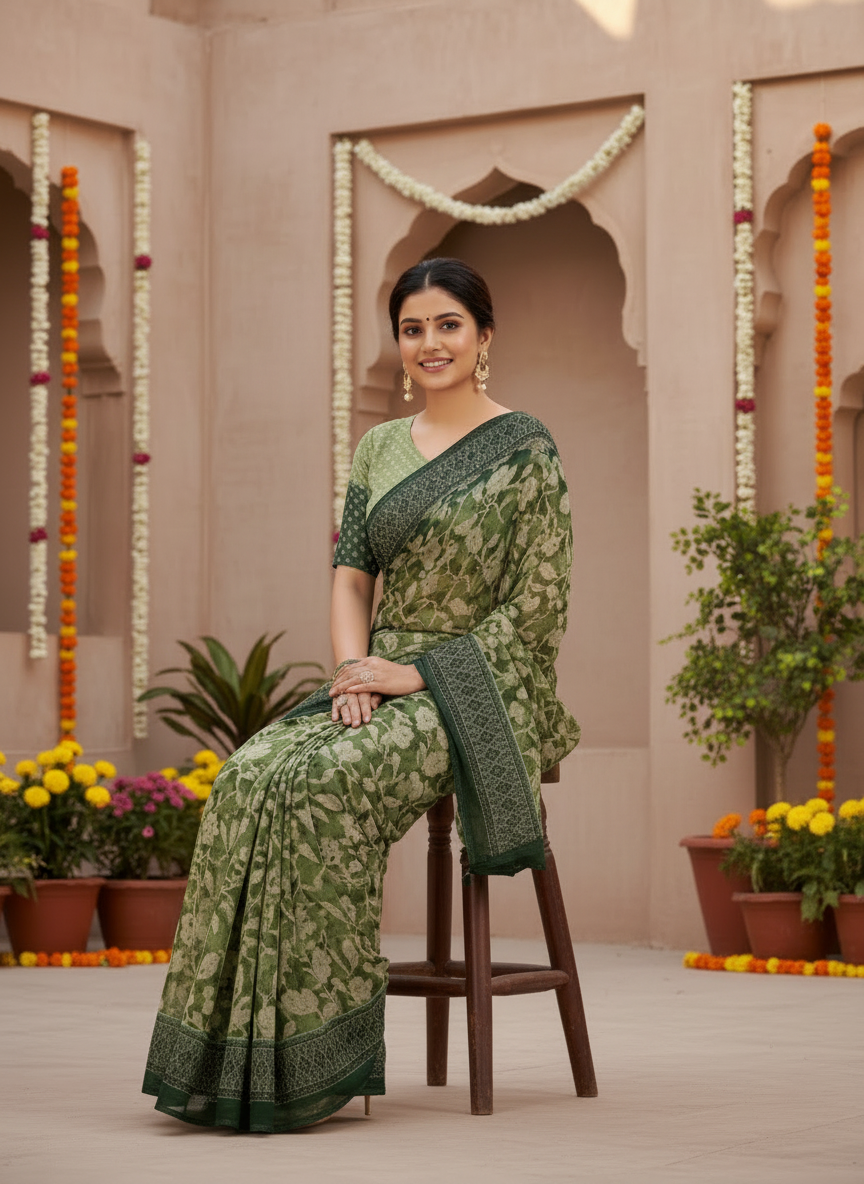 Kesariya Heritage Leaf Print Saree with Classic Border-Georgette