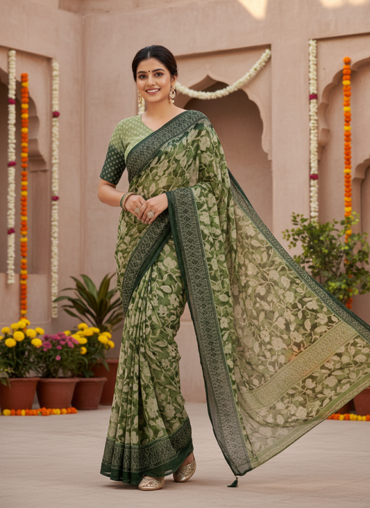 Kesariya Soft Georgette Heritage Leaf Print Saree with Classic Border