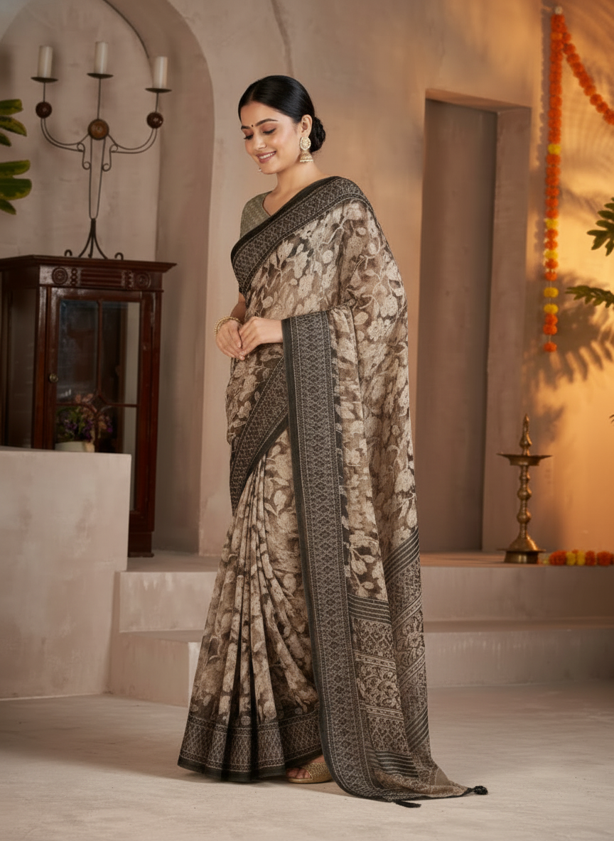 Kesariya Heritage Leaf Print Saree with Classic Border-Georgette