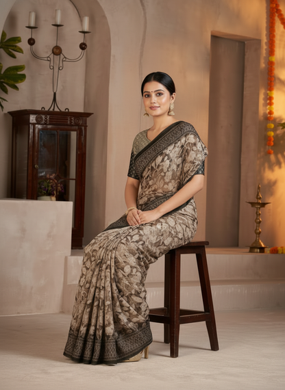 Kesariya Soft Georgette Heritage Leaf Print Saree with Classic Border