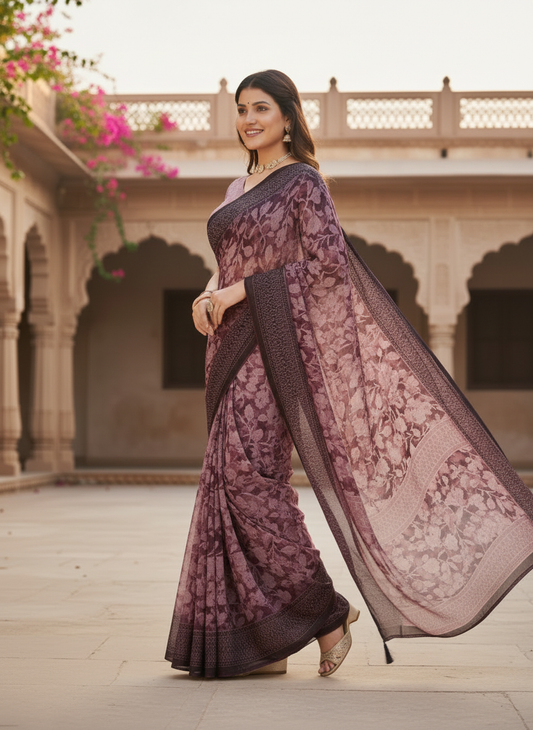Kesariya Soft Georgette Heritage Leaf Print Saree with Classic Border