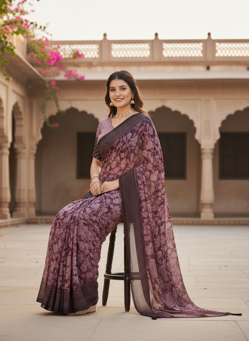 Kesariya Soft Georgette Heritage Leaf Print Saree with Classic Border