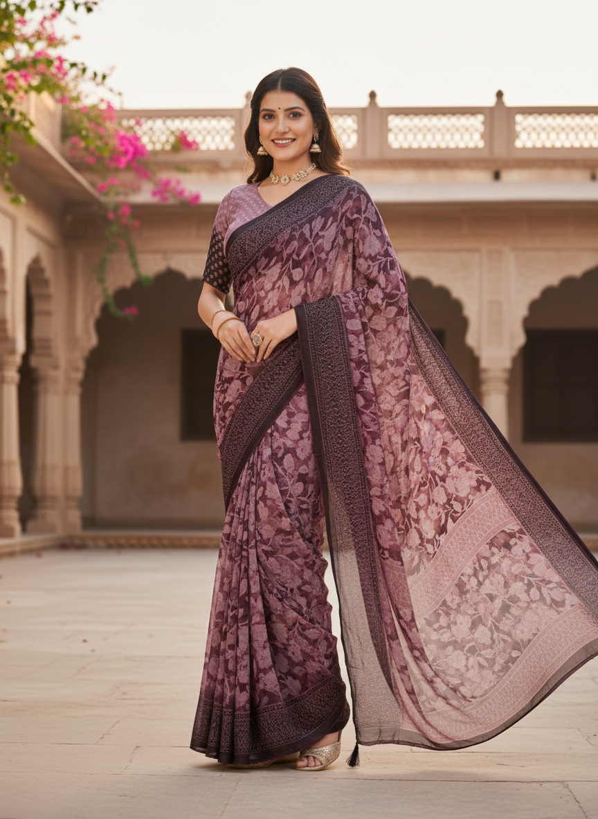 Kesariya Heritage Leaf Print Saree with Classic Border-Georgette