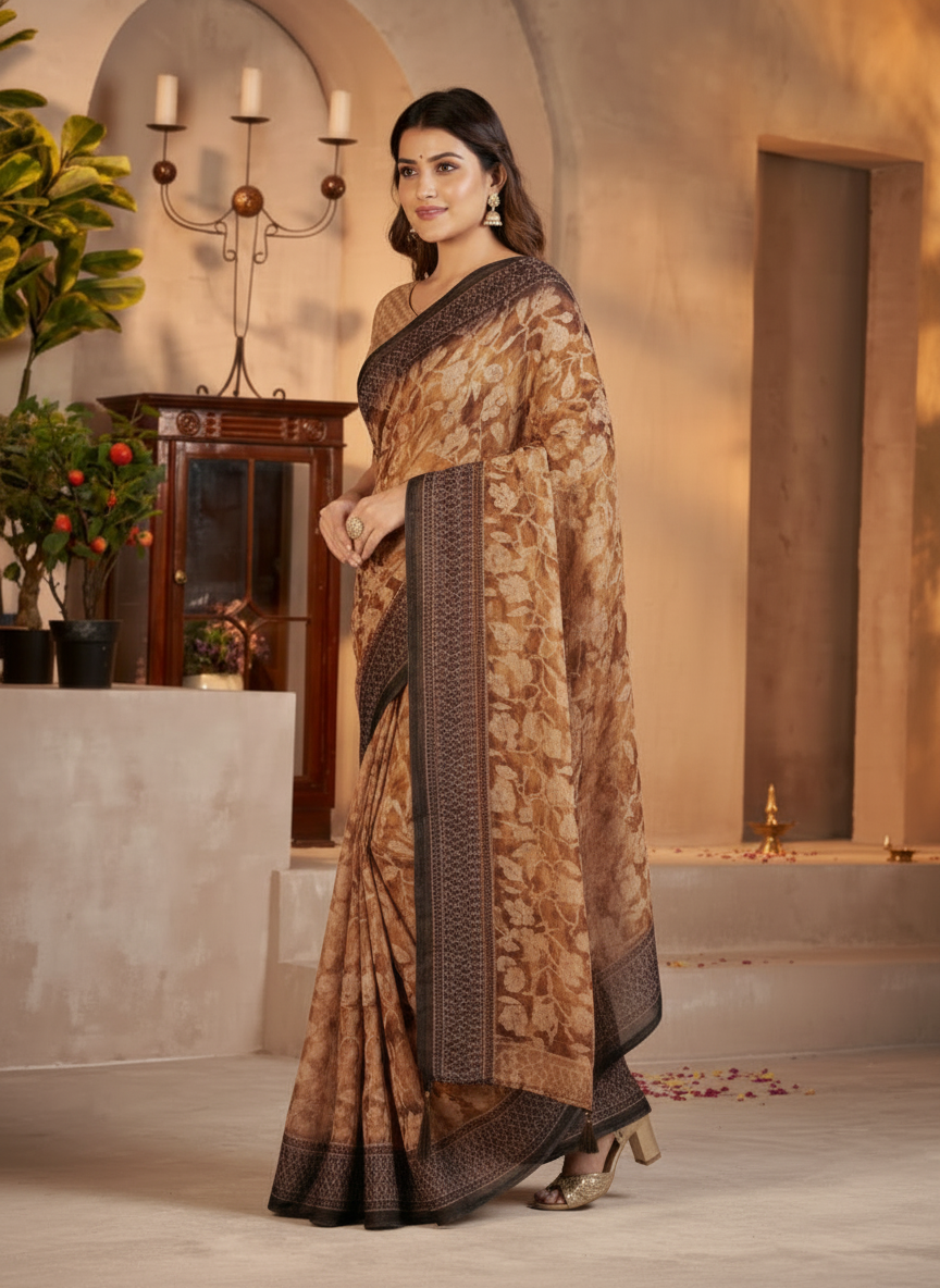 Kesariya Heritage Leaf Print Saree with Classic Border-Georgette