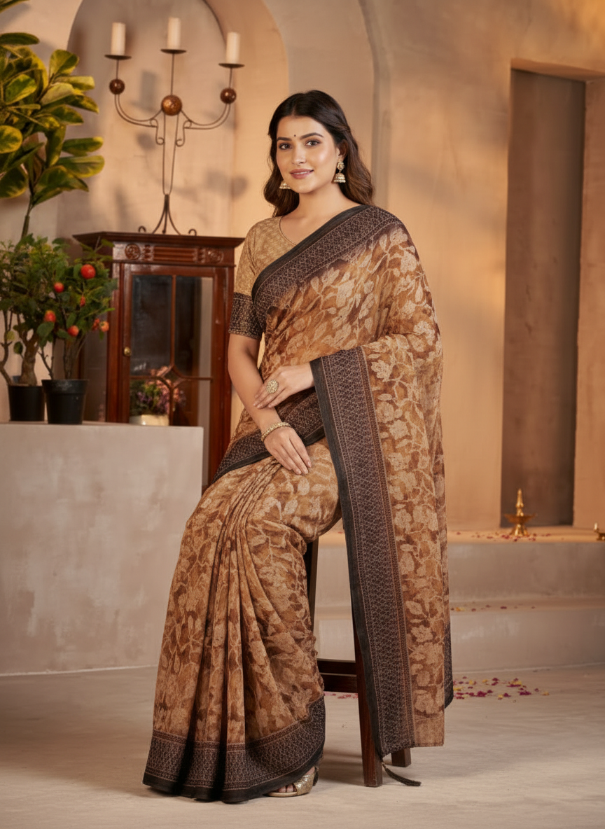 Kesariya Soft Georgette Heritage Leaf Print Saree with Classic Border