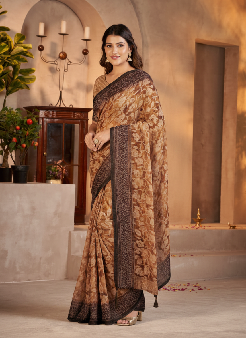 Kesariya Soft Georgette Heritage Leaf Print Saree with Classic Border