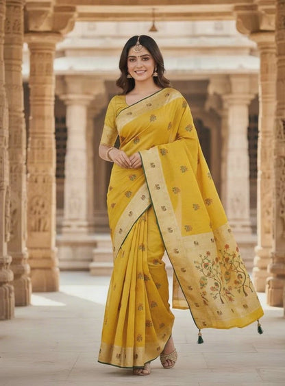 Khushi | Mustard Yellow Floral Motif Saree with Traditional Border-Cotton