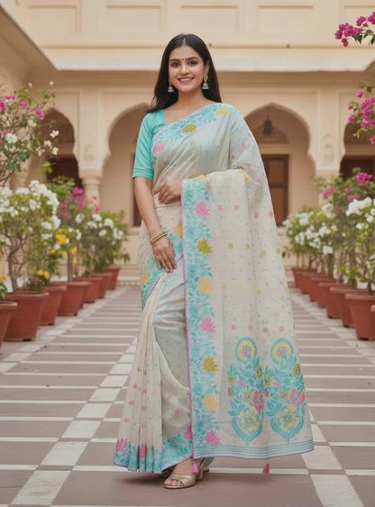 Khushi | Soft Cotton Blend Off- White Floral Printed Saree 🌸💙