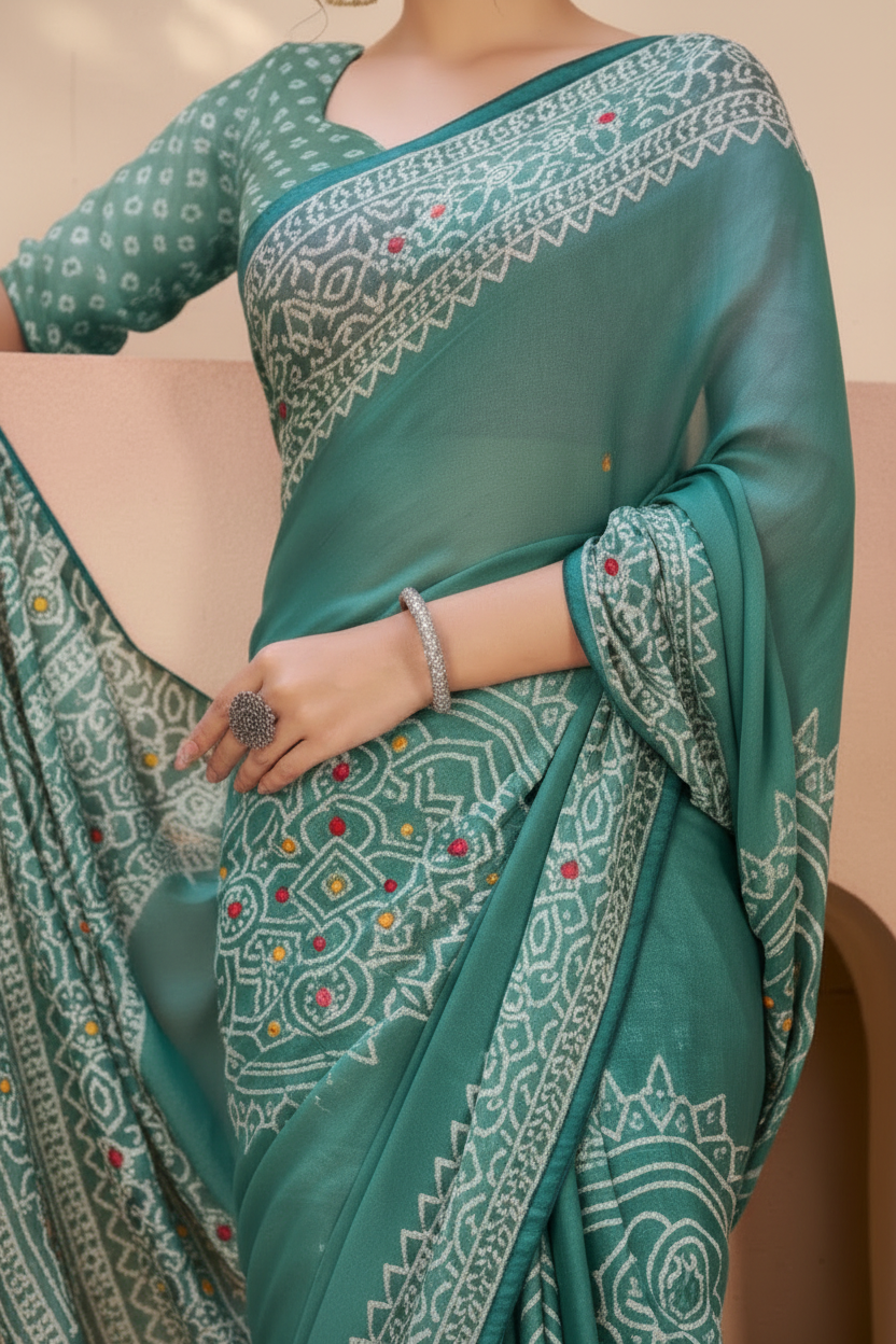 Sindoor Embroidered Festive Saree with Intricate Border- Georgette