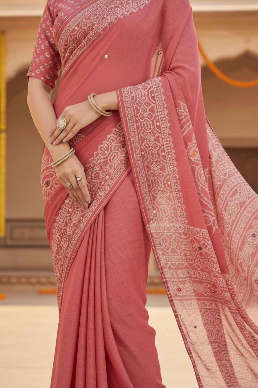 Sindoor Embroidered Festive Saree with Intricate Border- Georgette