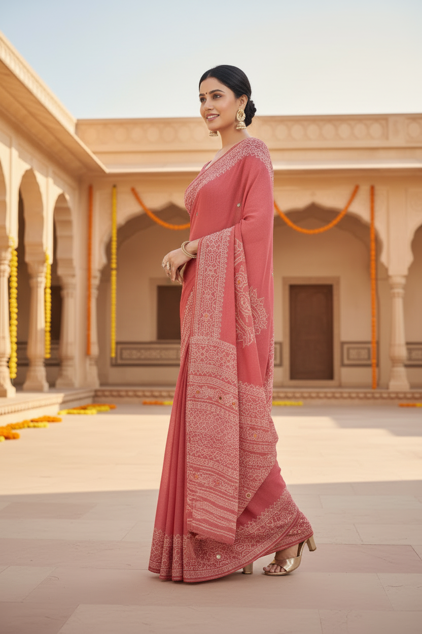 Sindoor Embroidered Festive Saree with Intricate Border- Georgette