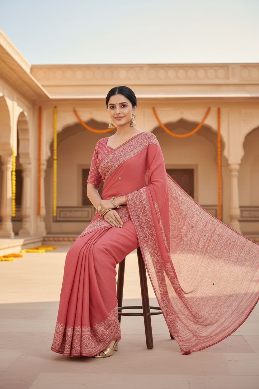 Sindoor Embroidered Festive Saree with Intricate Border- Georgette