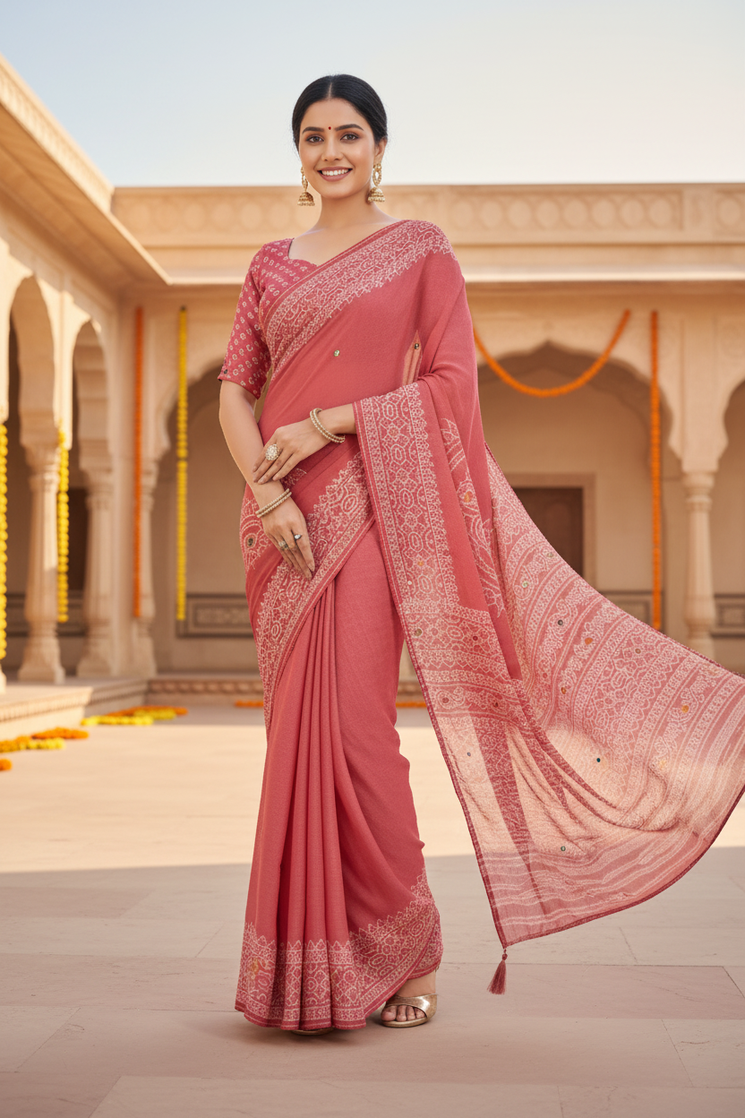 Sindoor Embroidered Festive Saree with Intricate Border- Georgette