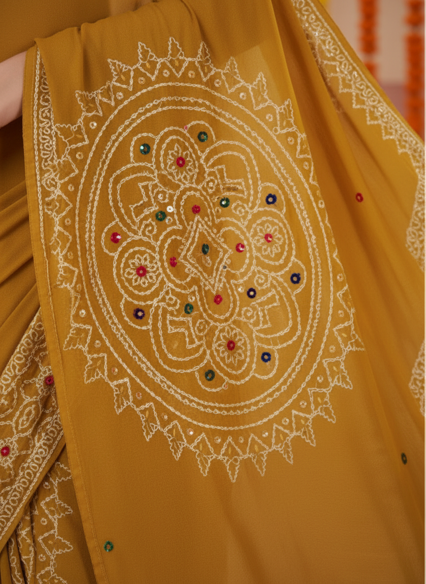 Sindoor Embroidered Festive Saree with Intricate Border- Georgette