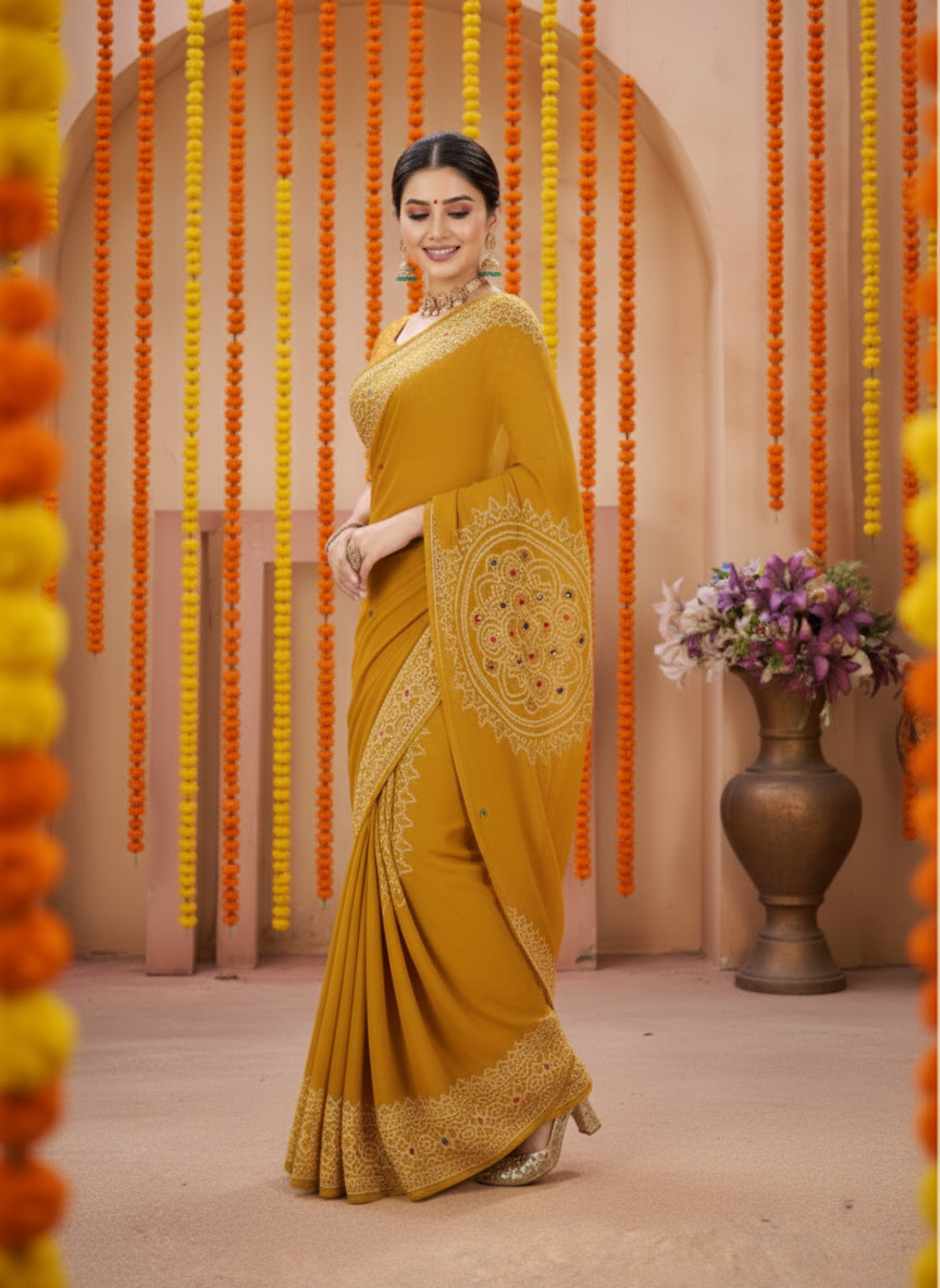 Sindoor Embroidered Festive Saree with Intricate Border- Georgette