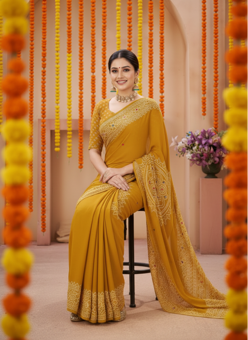 Sindoor Embroidered Festive Saree with Intricate Border- Georgette
