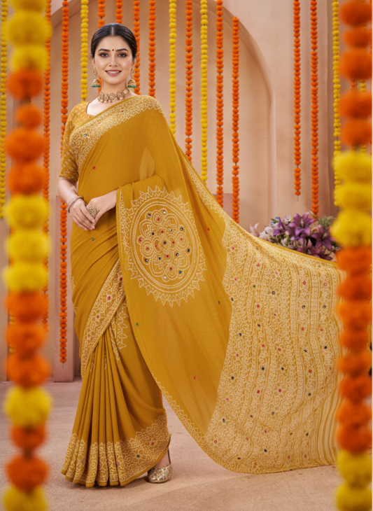 Sindoor Embroidered Festive Saree with Intricate Border- Georgette