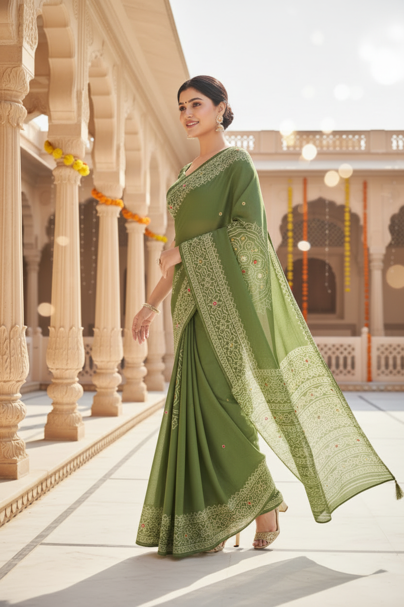 Sindoor Embroidered Festive Saree with Intricate Border- Georgette