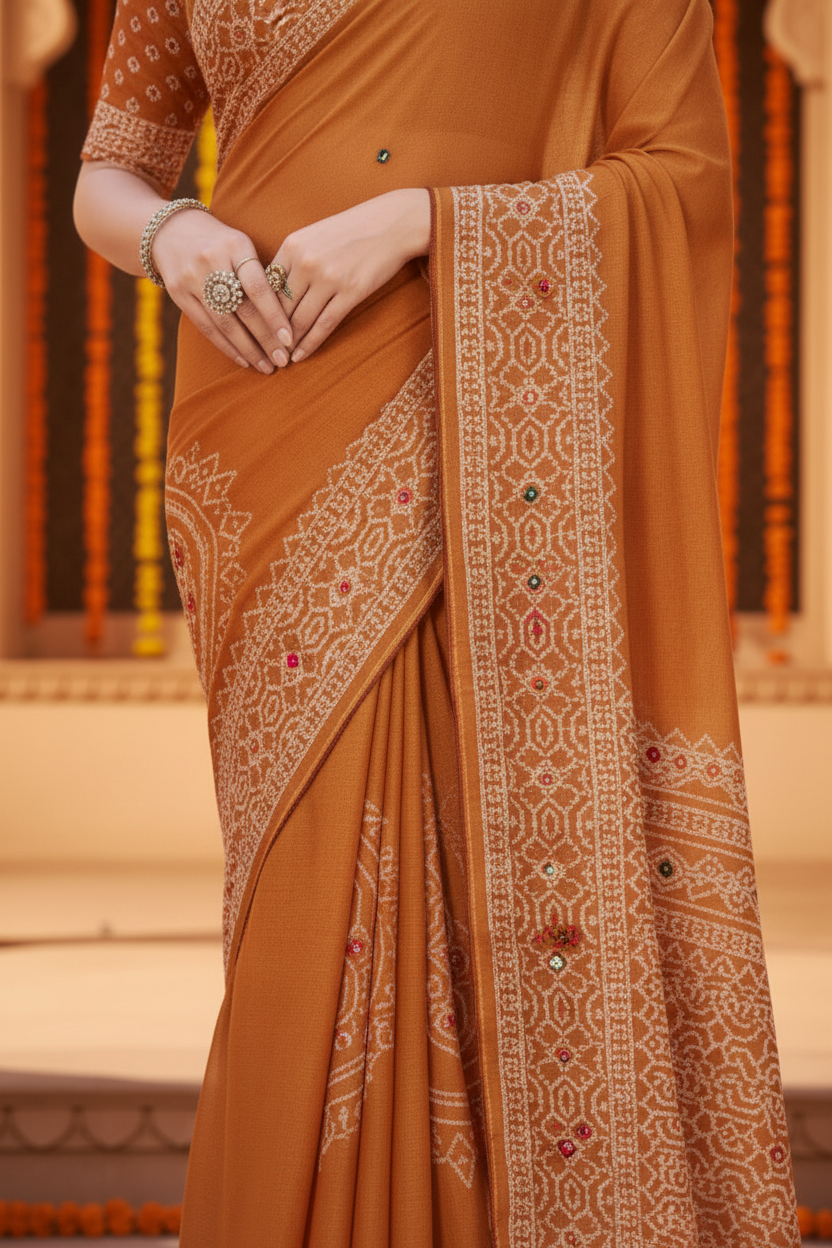 Sindoor Embroidered Festive Saree with Intricate Border- Georgette
