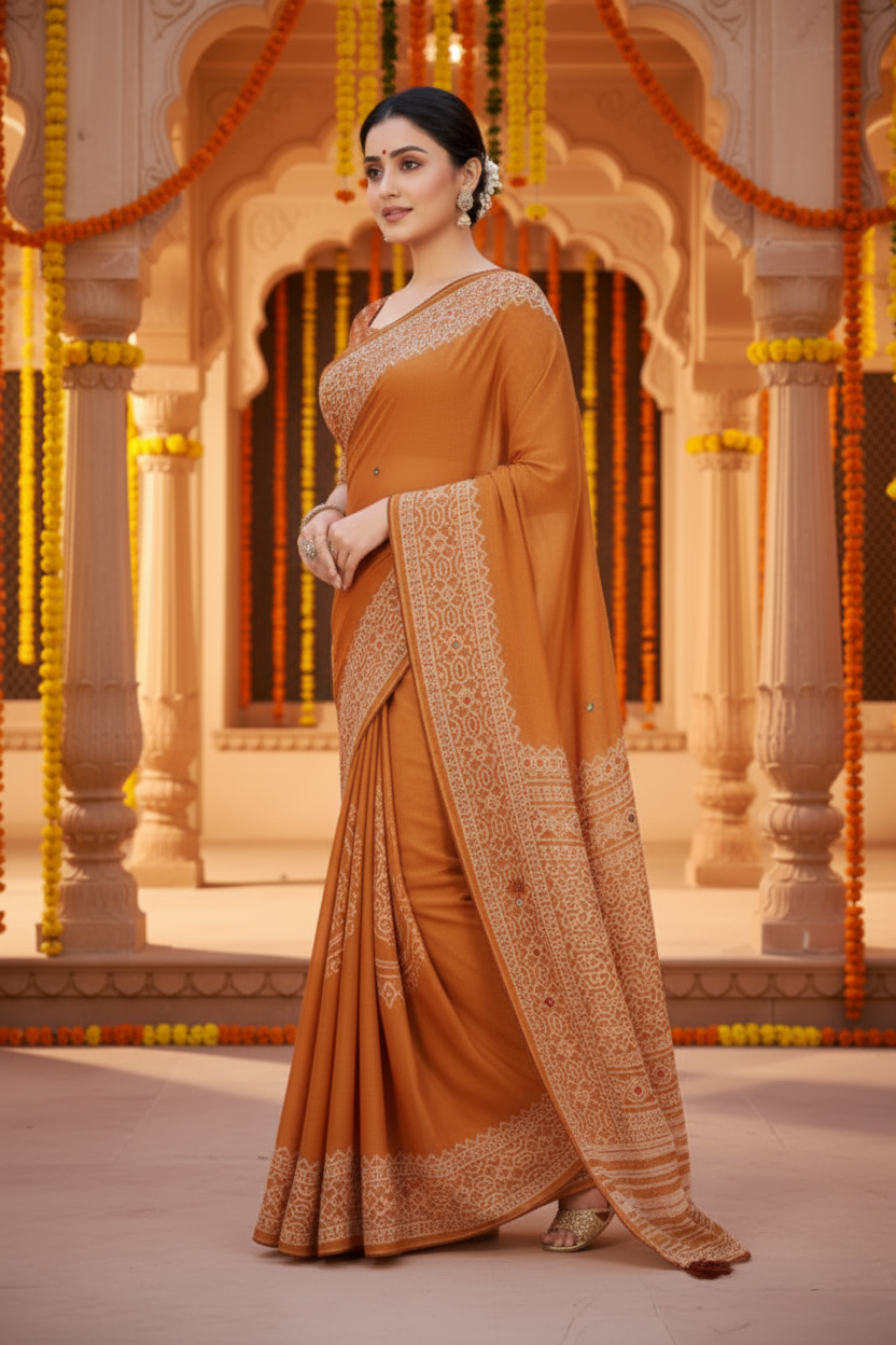 Sindoor Embroidered Festive Saree with Intricate Border- Georgette