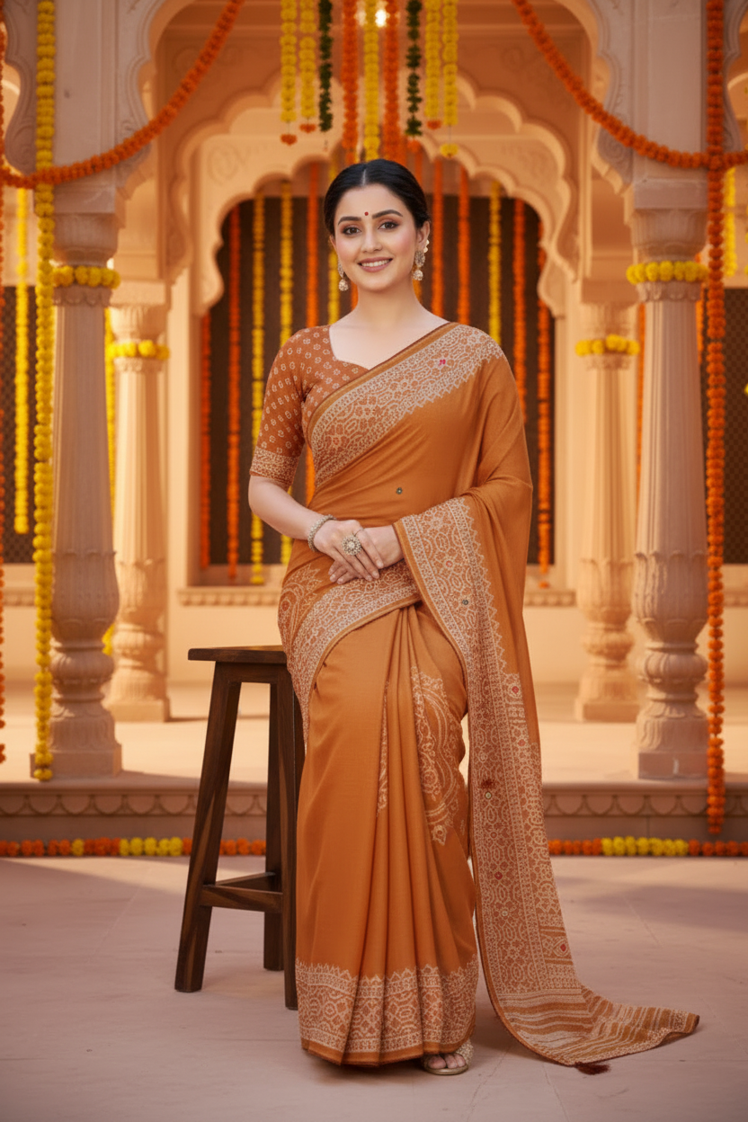 Sindoor Embroidered Festive Saree with Intricate Border- Georgette