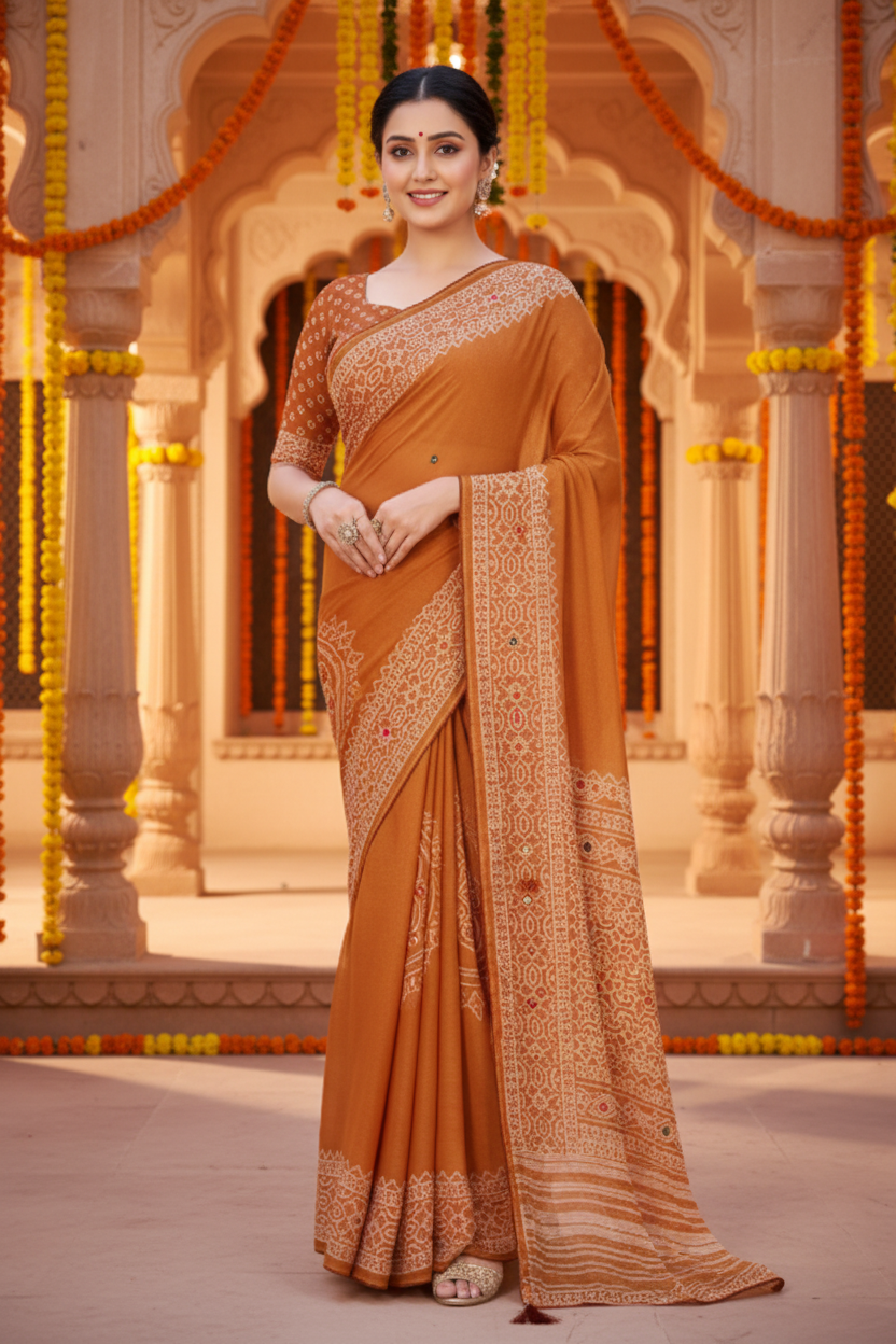 Sindoor Embroidered Festive Saree with Intricate Border- Georgette