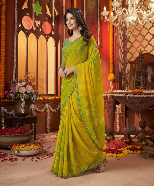 Suvarnika Luxury Printed Saree with Refined Border – Elegant - Georgette