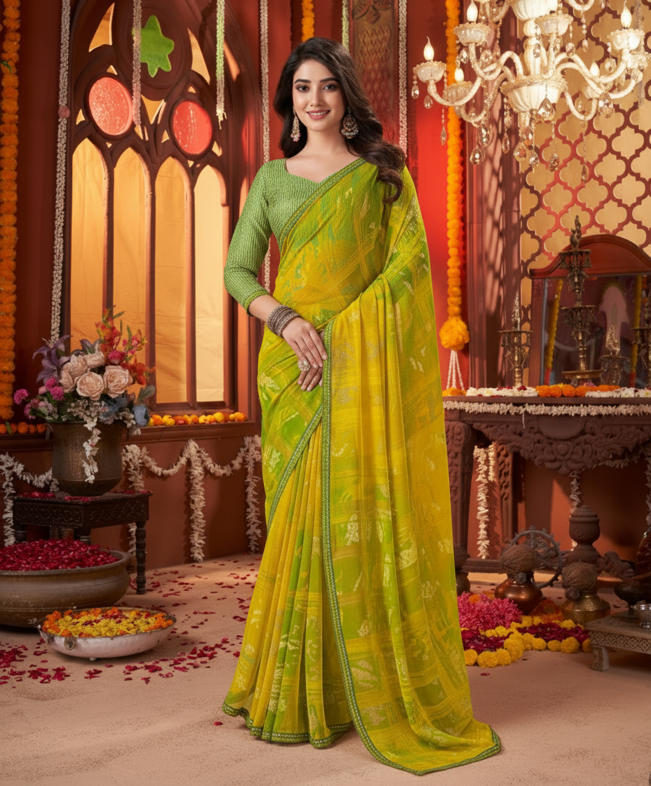 Suvarnika Luxury Printed Saree with Refined Border – Elegant - Georgette