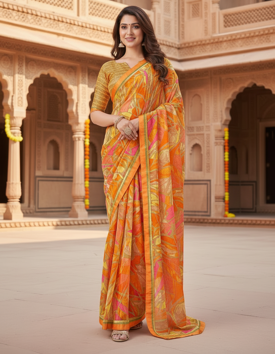 Suvarnika Luxury Printed Georgette Saree with Abstract print & Refined Border