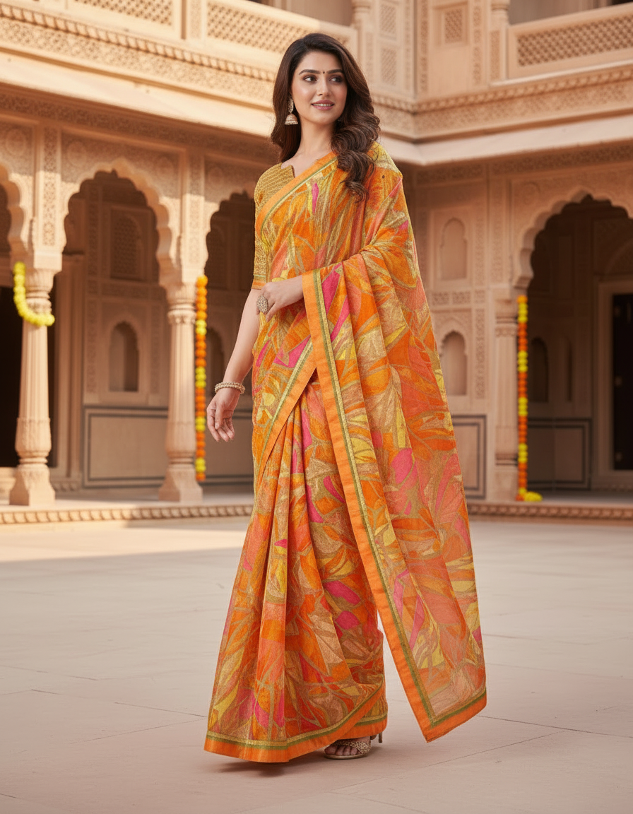 Suvarnika Luxury Printed Georgette Saree with Abstract print & Refined Border