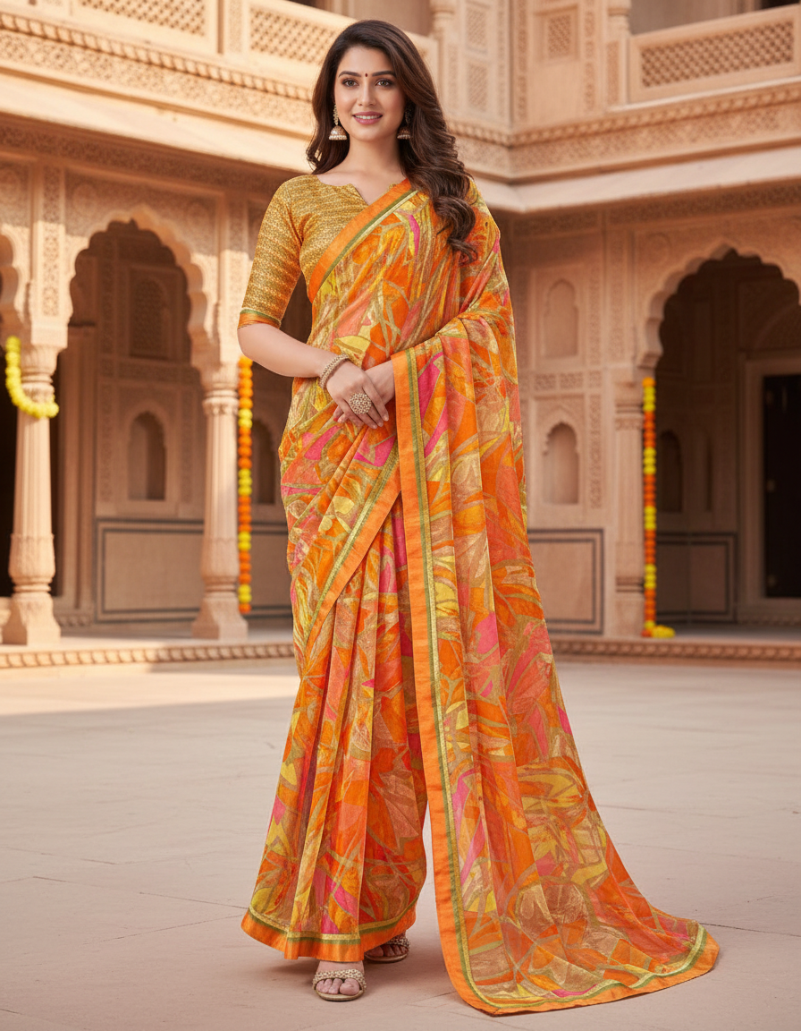 Suvarnika Luxury Printed Georgette Saree with Abstract print & Refined Border