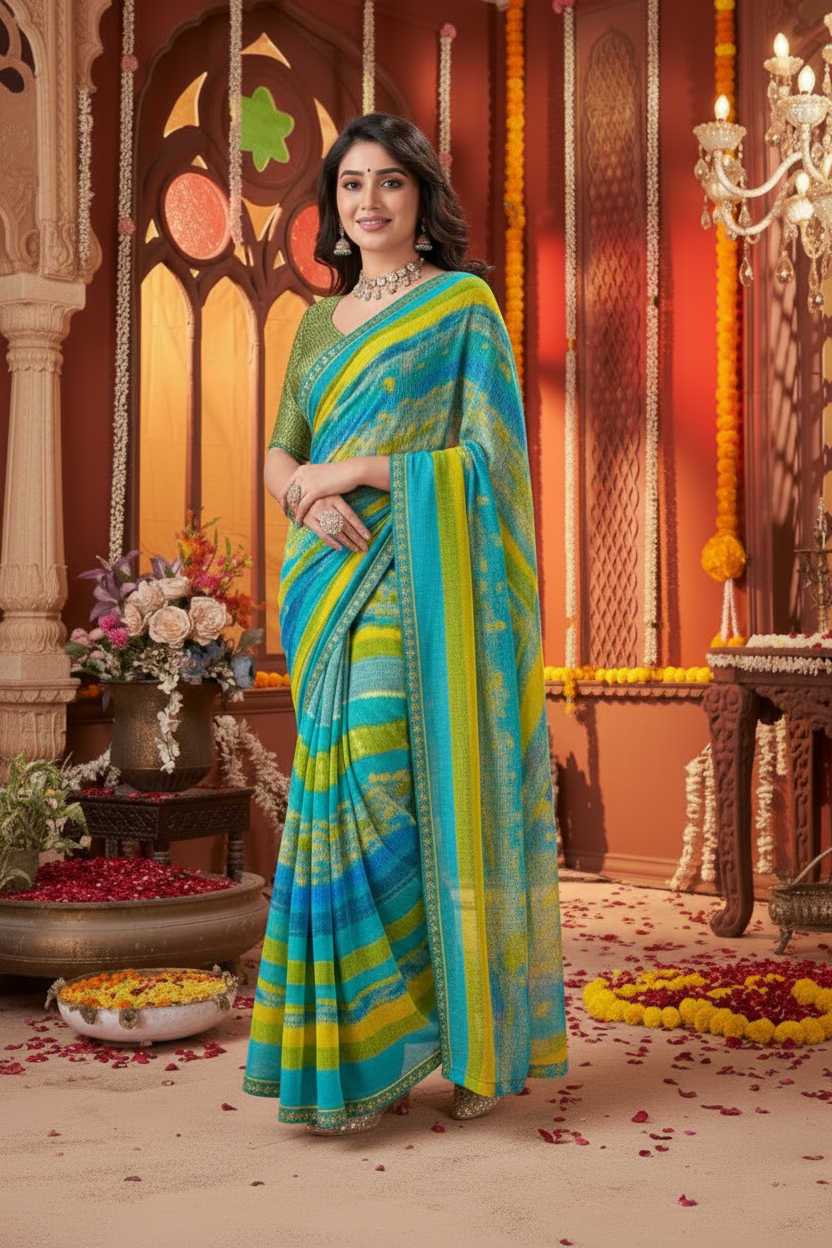 Suvarnika Luxury Printed Saree with Refined Border – Elegant - Georgette