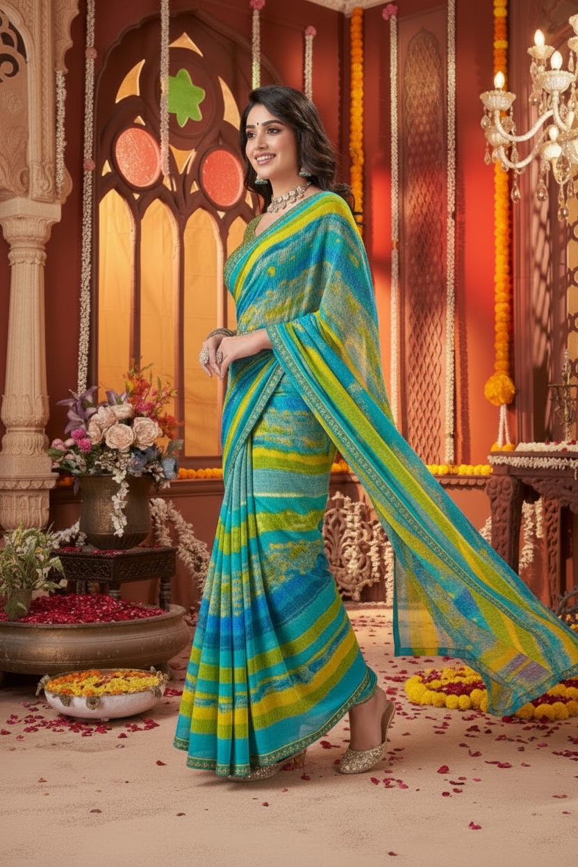 Suvarnika Luxury Printed Georgette Saree with Abstract print & Refined Border