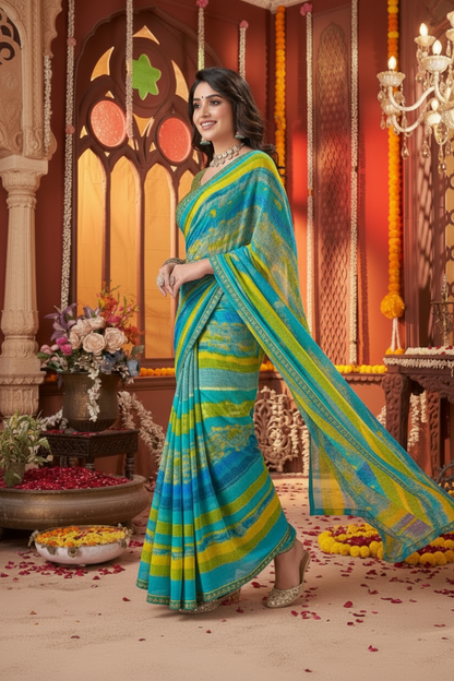 Suvarnika Luxury Printed Georgette Saree with Abstract print & Refined Border