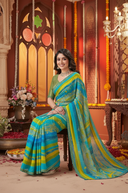 Suvarnika Luxury Printed Georgette Saree with Abstract print & Refined Border