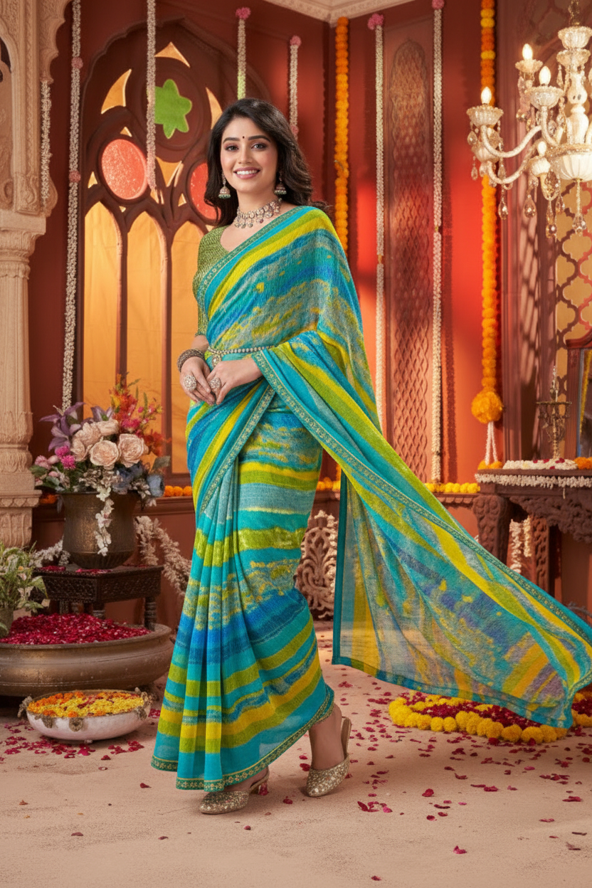 Suvarnika Luxury Printed Georgette Saree with Abstract print & Refined Border