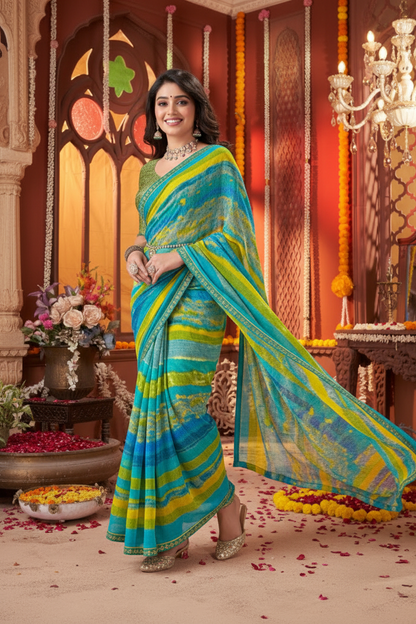 Suvarnika Luxury Printed Georgette Saree with Abstract print & Refined Border