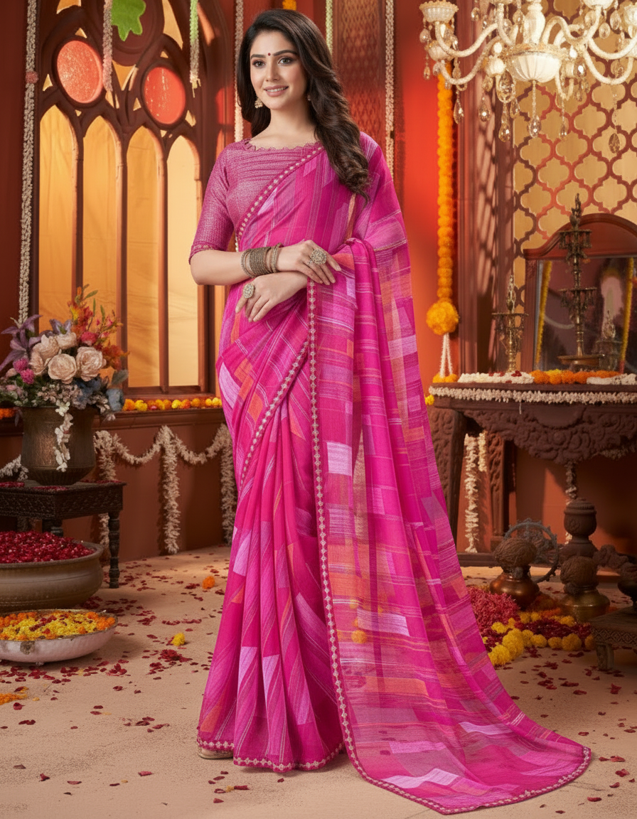 Suvarnika Luxury Printed Saree with Refined Border – Elegant - Georgette