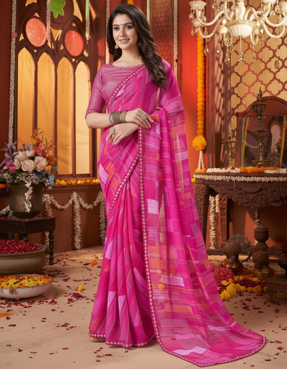 Suvarnika Luxury Printed Georgette Saree with Abstract print & Refined Border