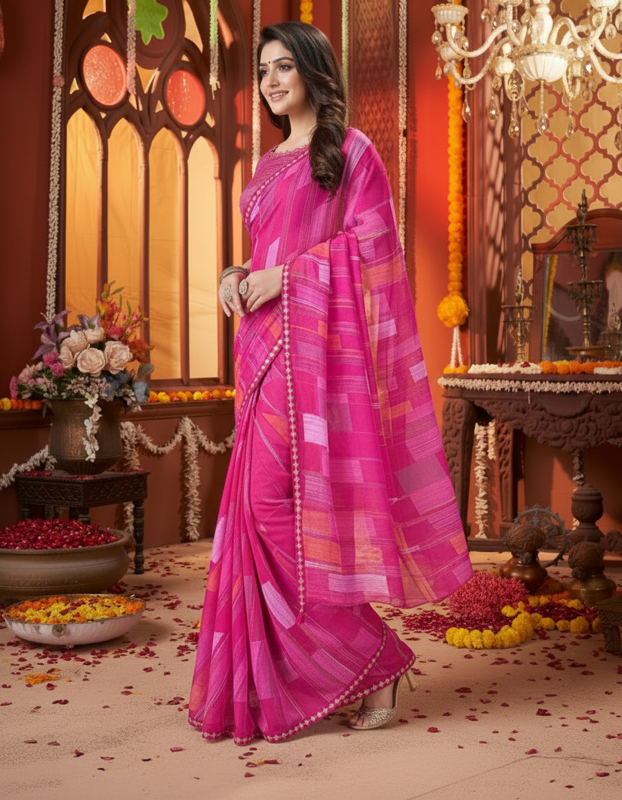 Suvarnika Luxury Printed Georgette Saree with Abstract print & Refined Border