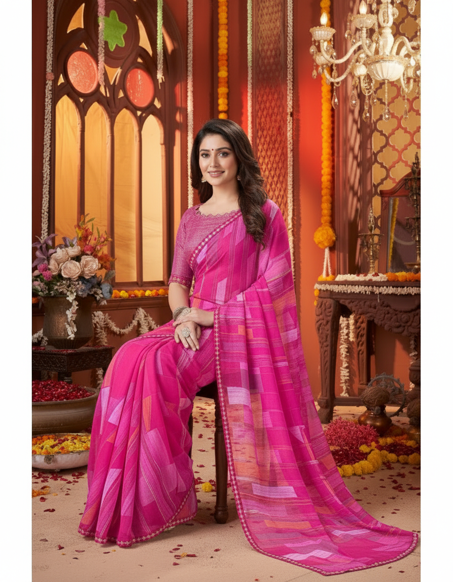 Suvarnika Luxury Printed Saree with Refined Border – Elegant - Georgette